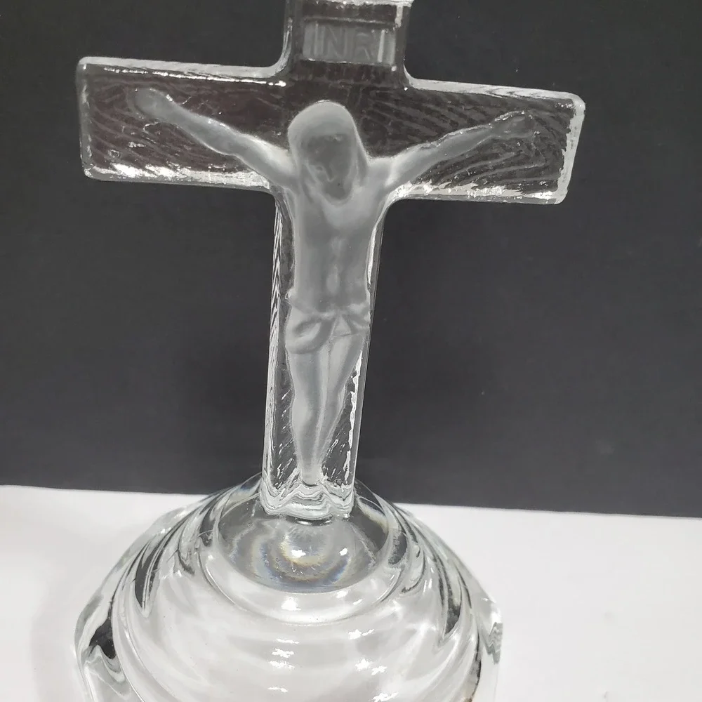 Crucifix Candlestick Holder Religious 7in Clear Frosted Glass v‎